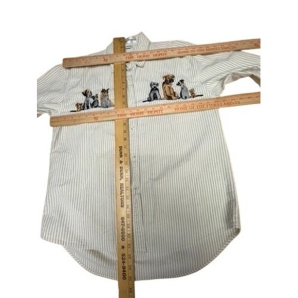 "Casey Coleman" Striped Button Down Shirt Embroid. Dog Tan White NO SIZE TAG L? - Picture 7 of 10